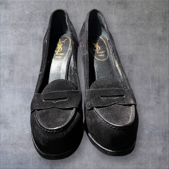 Authentic YSL Black Suede Penny Loafer Heels – Size 37.5 - Picture 2 of 4